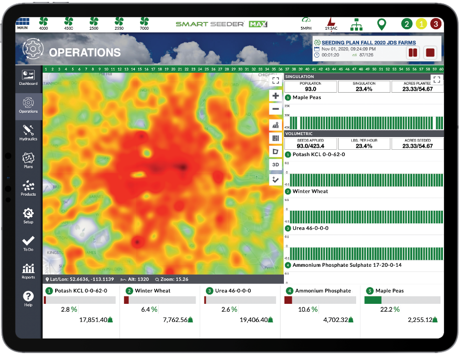 SeedSync™ Operations — prescription heatmap with singulation and volumetric telemetry